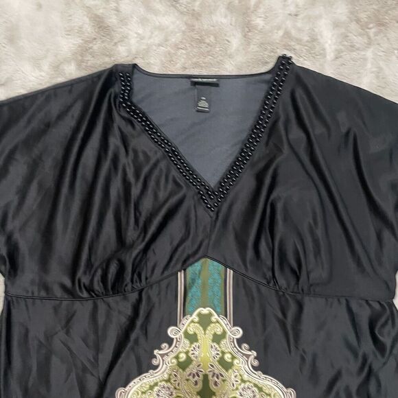 Lane Bryant Silky Beaded V-Neck Tie Back Dress Plus Size 28 Black & Green Boho‎ - Picture 3 of 9
